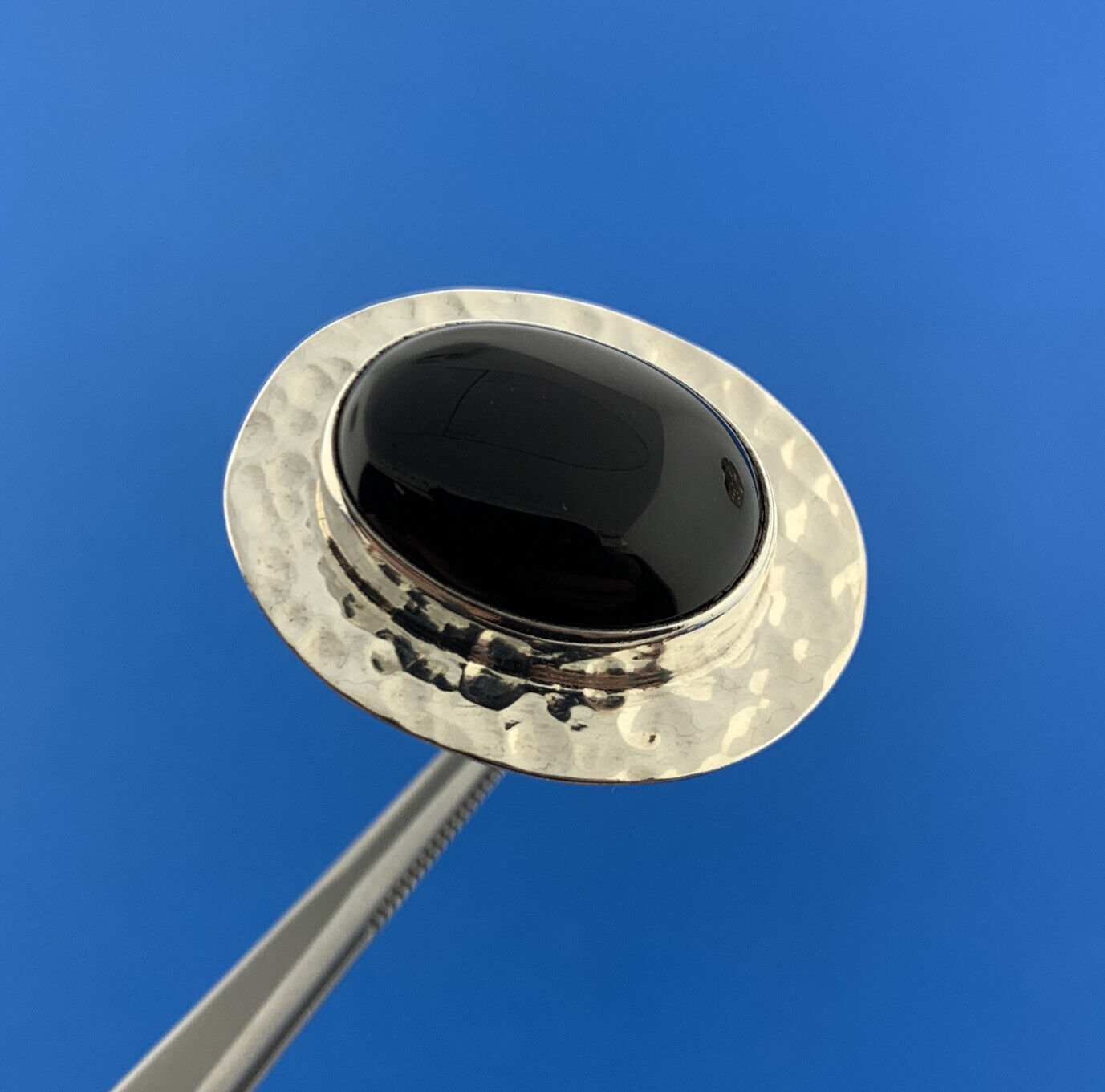 Designer CII Mexico 925 Sterling Silver Black Onyx Cabochon Hammered Halo Ring