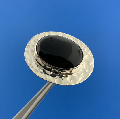 Designer CII Mexico 925 Sterling Silver Black Onyx Cabochon Hammered Halo Ring