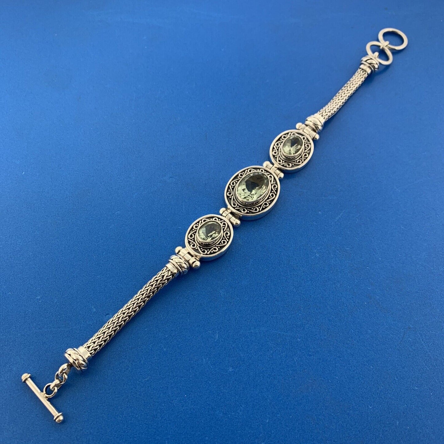 BA Suarti Sterling Silver Oval Prasiolite  Balinese Statement Toggle Bracelet