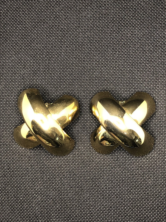 Mid Century Norma Jean Gold Tone Modernist X Polished Statement Clip On Earrings