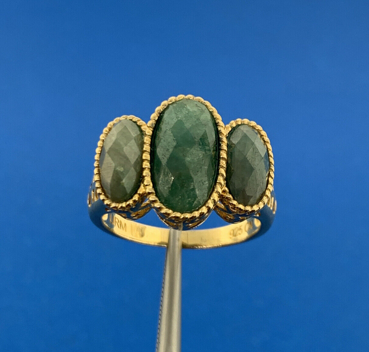 Designer Vermeil Sterling Silver 925 LIRM Faceted Green Onyx Statement Ring