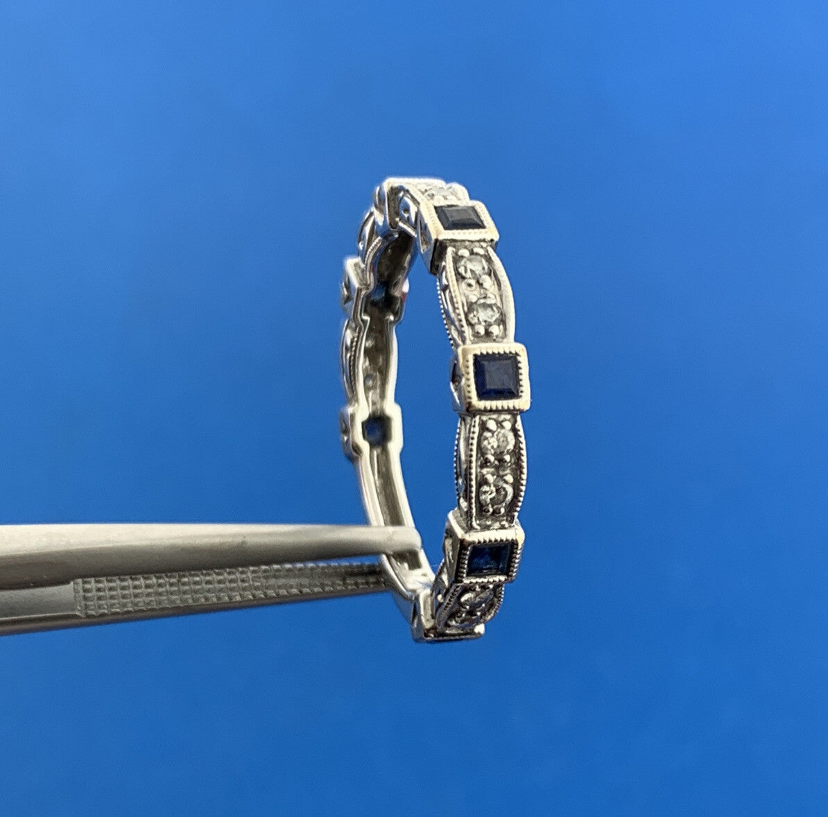 Gorgeous 14k White Gold Round Cut Diamond Princess Blue Sapphire Ring Size 7