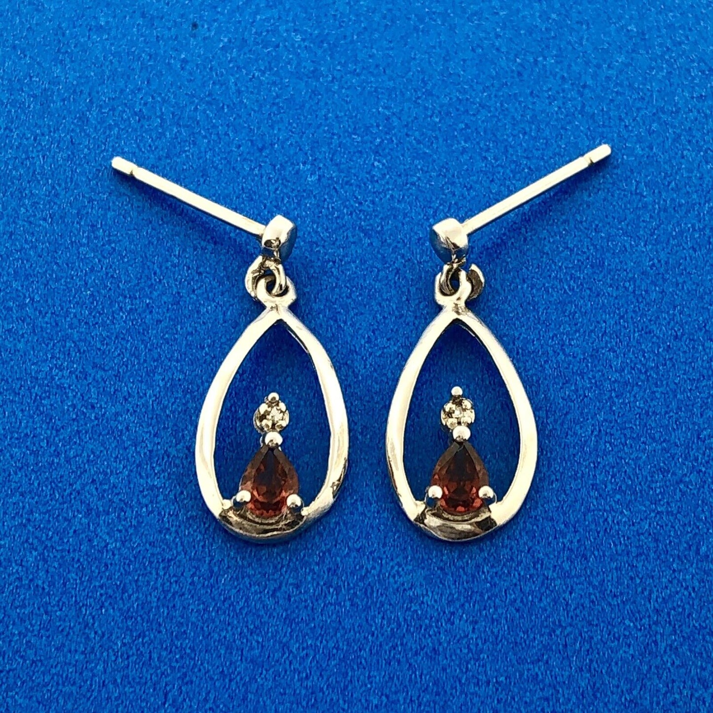 Designer QG Sterling Silver Garnet Diamond Openwork Teardrop Dangle Earrings
