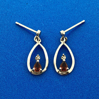 Designer QG Sterling Silver Garnet Diamond Openwork Teardrop Dangle Earrings