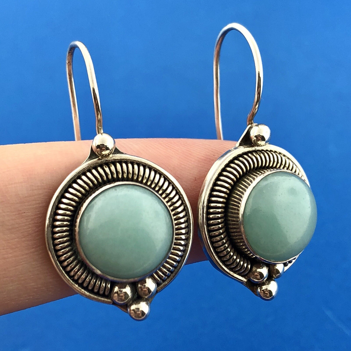 Designer BA Sterling Silver 925 Blue Aventurine Bead Scroll Hook Drop Earrings