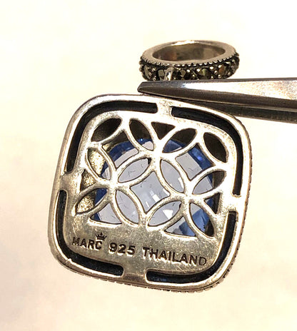 Designer 925 Sterling Silver Cushion Tanzanite Marcasite Two-Tone Square Pendant