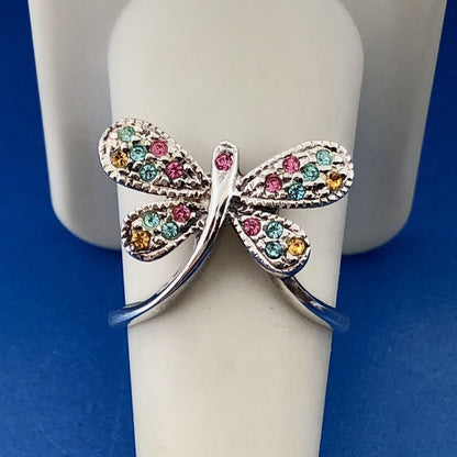 Modernistic Sterling Silver Pink Blue Yellow Cubic Zirconia CZ Butterfly Ring