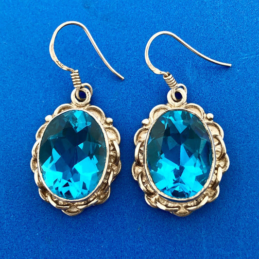 Vintage Sterling Silver Ocean Blue Cubic Zirconia Oval Scroll Statement Earrings
