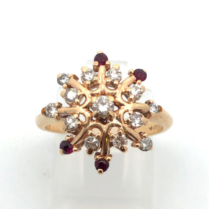 Designer 14K Yellow Gold Diamond Ruby Accent Starburst Snowflake Cocktail Ring