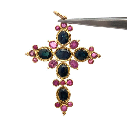 Estate 18K Yellow Gold Sapphire Ruby Statement Cross Religious Pendant