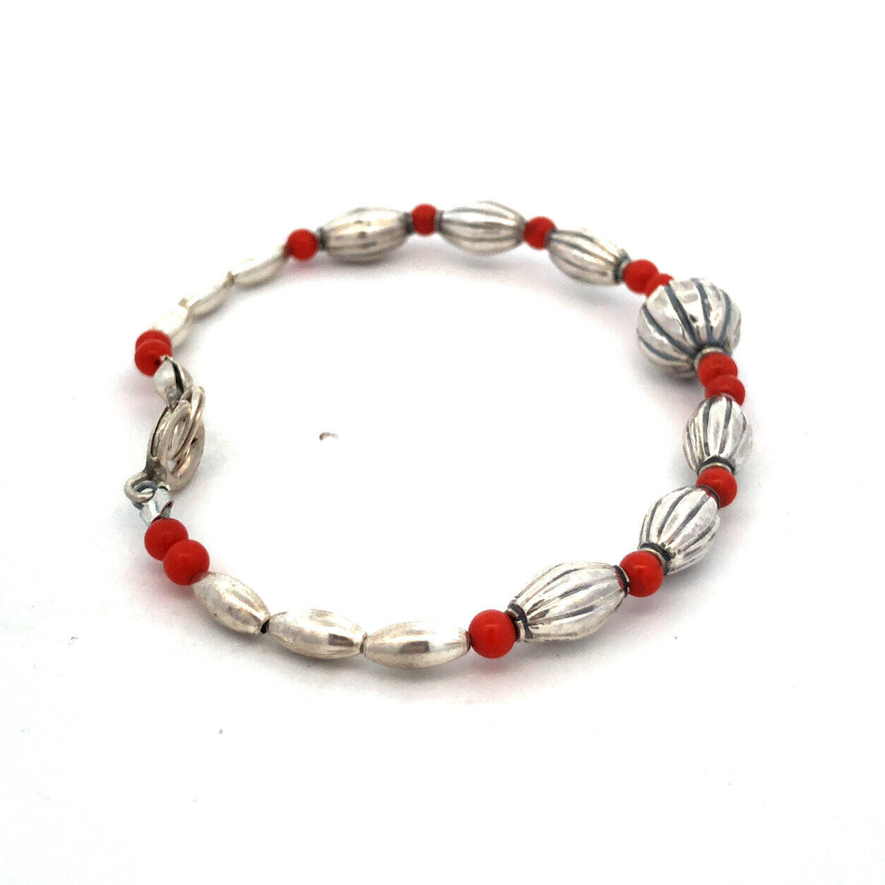 Designer STG 925 Sterling Silver Red Coral Textured Beaded Bracelet