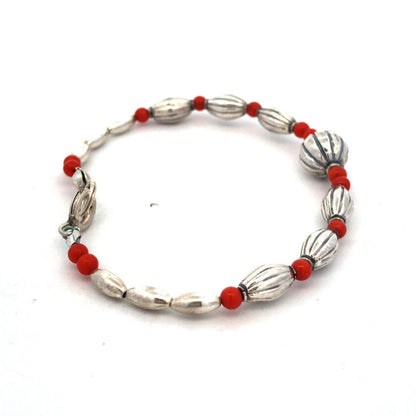 Designer STG 925 Sterling Silver Red Coral Textured Beaded Bracelet