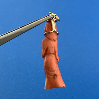 Gorgeous 10k Yellow Gold Carved Coral Chinese Eastern Wise Man Dangle Pendant
