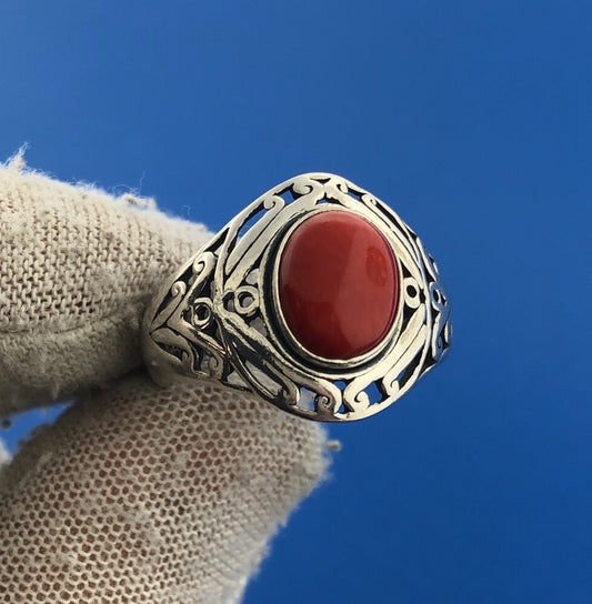 Designer MG Sterling Silver 925 Oval Coral Open Scroll Statement Cocktail Ring