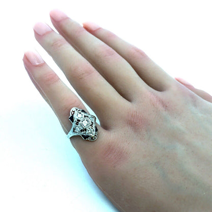 Vintage Art Deco 14K White Gold Diamond Lab Created Sapphire Filigree Oval Ring