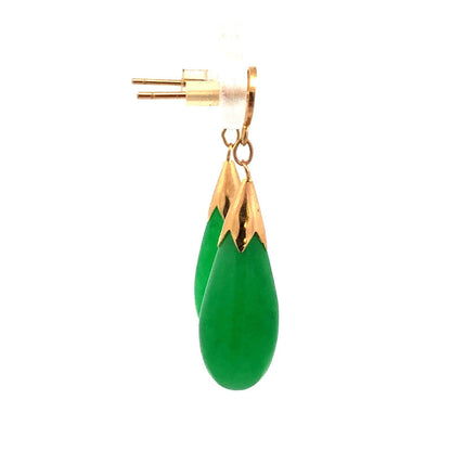 Vintage 14K Yellow Gold Teardrop Bright Green Jade Chinese Luck Dangle Earrings