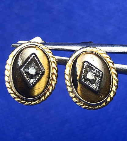 Vintage 14K Yellow Gold Oval Tigers Eye Diamond Accented Stud Earrings