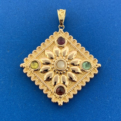Designer Italy 14K Yellow Gold Multi-Gemstone Cabochon Statement Pendant