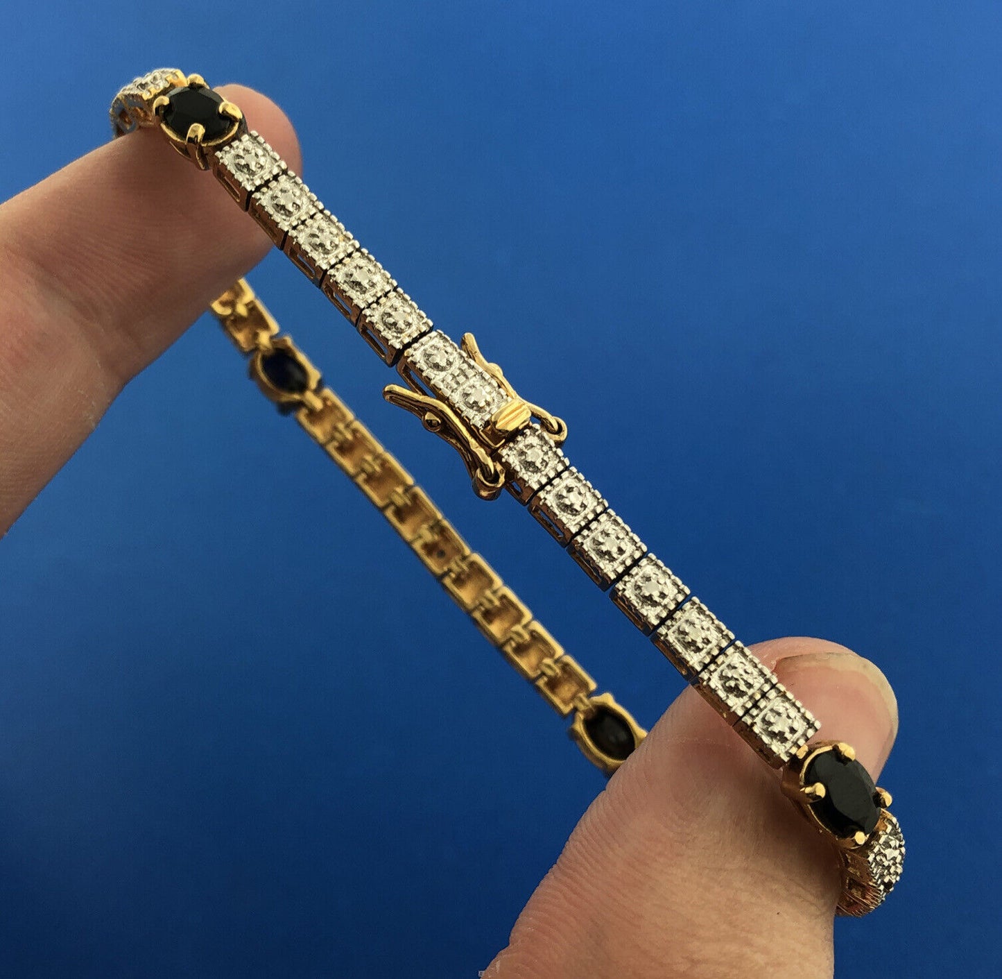 Sterling Silver 925 Vermeil Oval Blue Sapphire Diamond Illusion Tennis Bracelet