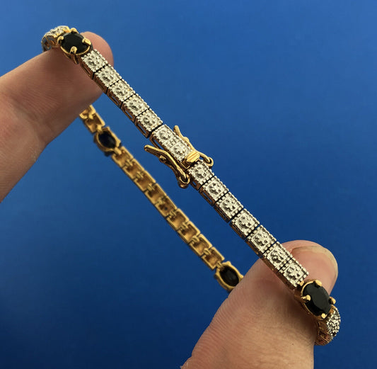 Sterling Silver 925 Vermeil Oval Blue Sapphire Diamond Illusion Tennis Bracelet