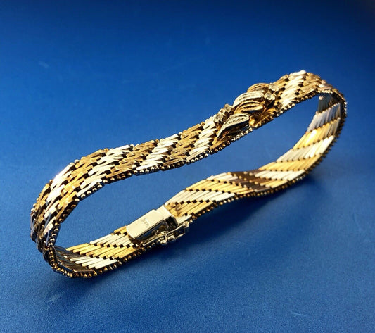 Vintage Sterling Silver 925 Diamond Two Tone Textured Weave Link Bracelet