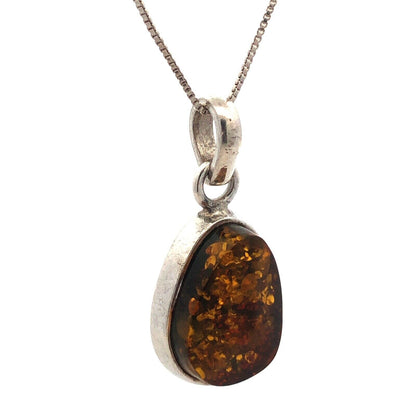 Vintage 925 Sterling Silver Oval Amber Pendant Chain Necklace