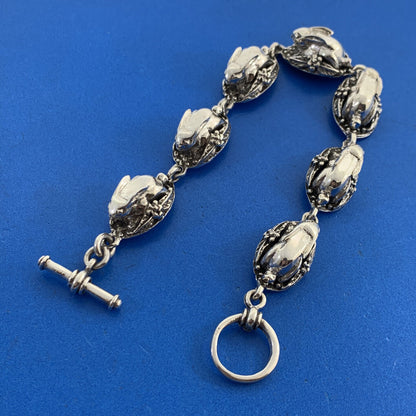 Vintage 925 Sterling Silver Rabbit In A Basket Peter Cottontail Toggle Bracelet