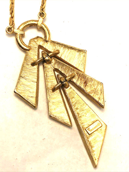 Designer Trifari Gold Tone Textured Y-Drop Modernist Textured Statement Necklace