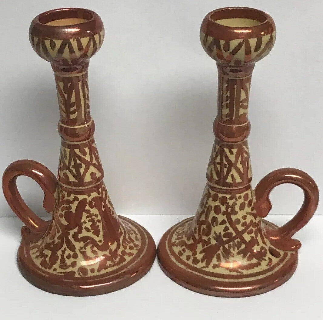 Spain Signed VC Pair Copper Metallic Glazed Hand Painted Handled Candle Holders