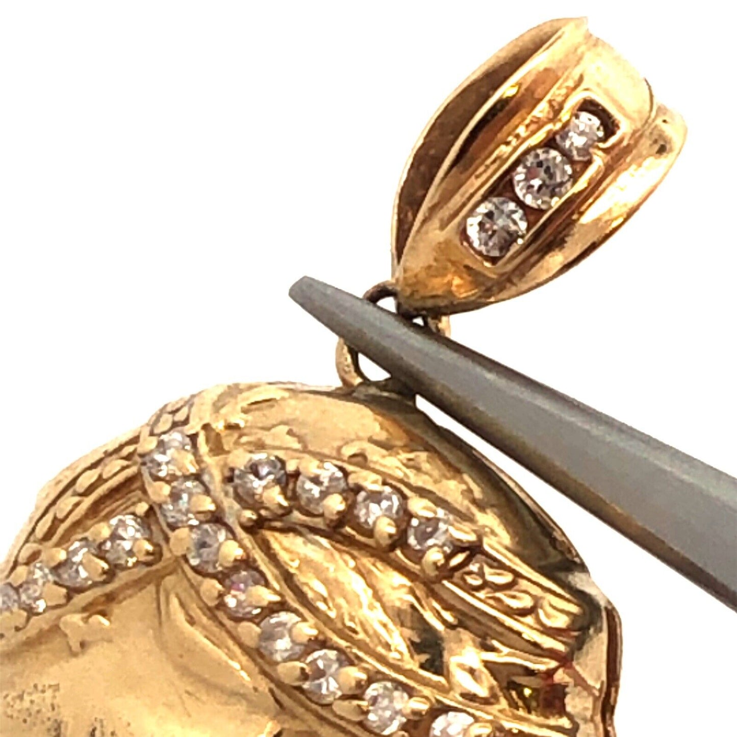 Designer 10K Yellow Gold Cubic Zirconia CZ Statement Christ's Head Pendant