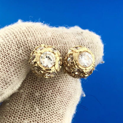 Estate 14K Yellow Gold Cubic Zirconia CZ Disco Ball Statement Stud Earrings