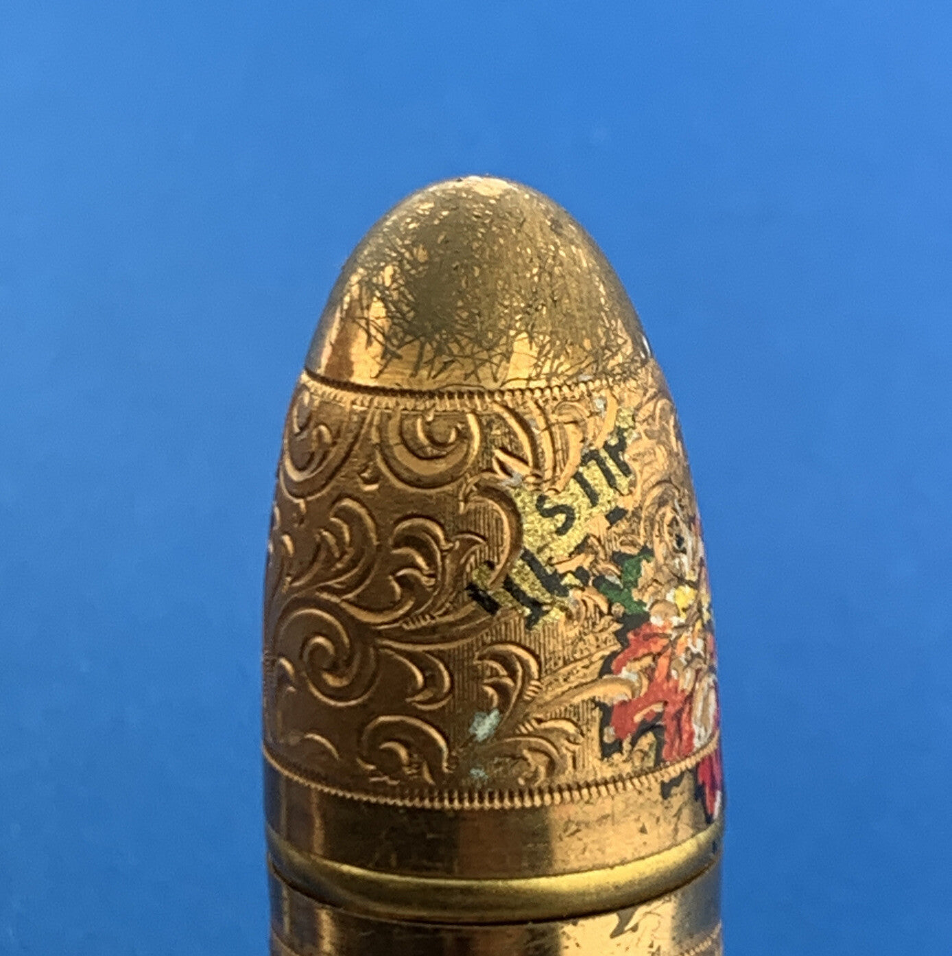 Antique German Germany Guilloche Floral Scroll Gold Tone Pendant Sewing Kit