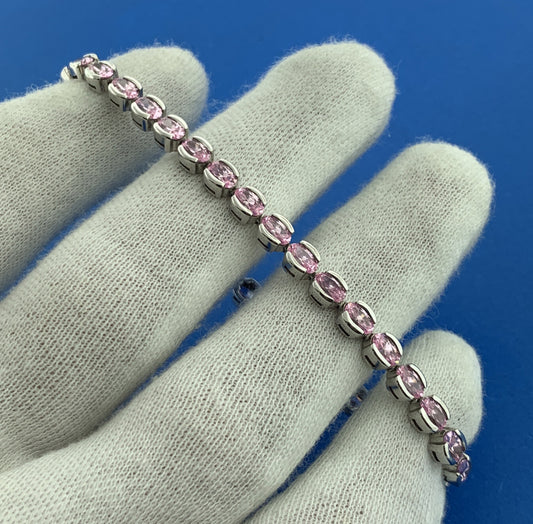 Stunning Designer Sterling Silver Oval Pink Ice Cubic Zirconia Tennis Bracelet