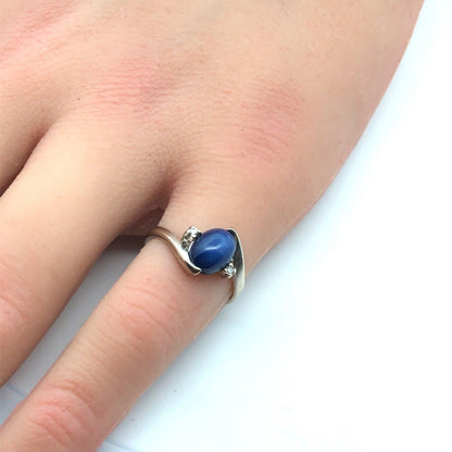 Designer 14K White Gold Oval Blue Star Sapphire Diamond Accent Bypass Ring
