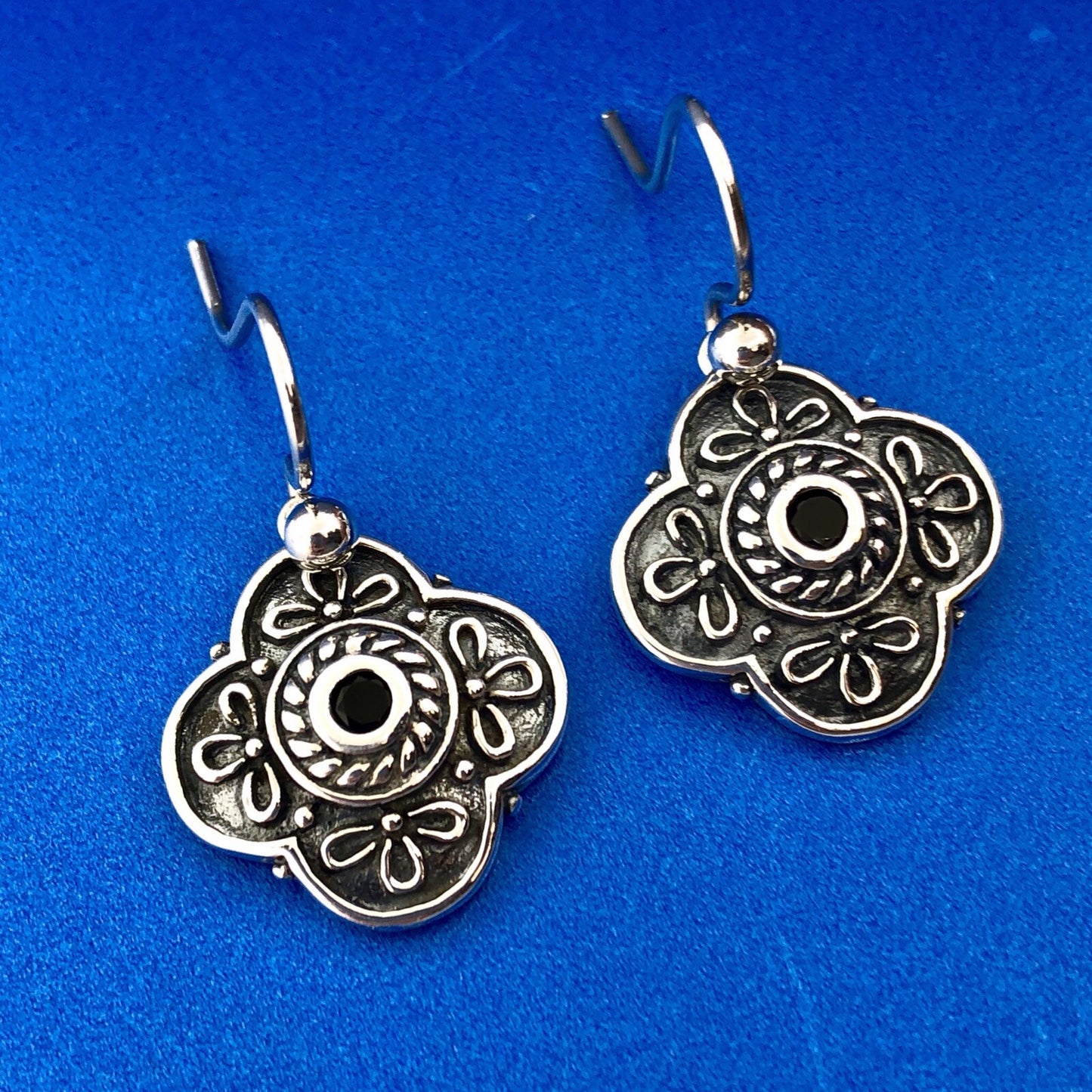 Vintage 925 Sterling Silver Black Onyx Floral Scroll Drop Dangle Earrings