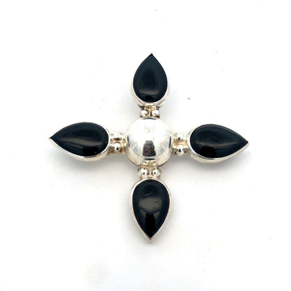 Mid Century Taxco Mexico 926 Sterling Silver Pear Black Onyx Pendant Brooch