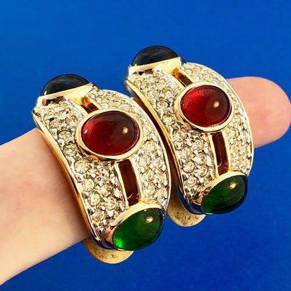 Vintage Runway Gold Tone Red Blue Green Glass Cabochon Rhinestone Clip Earrings