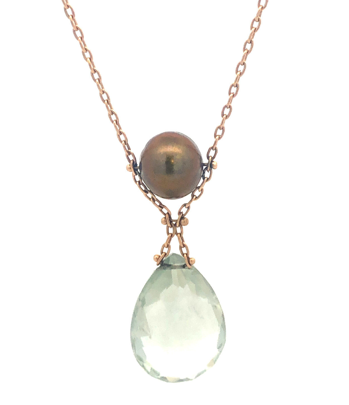 Gorgeous 14k Yellow Gold Teardrop Peridot Green Pearl 18" Oval Link Necklace