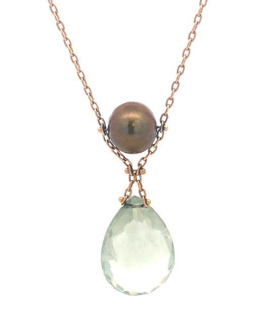 Gorgeous 14k Yellow Gold Teardrop Peridot Green Pearl 18" Oval Link Necklace