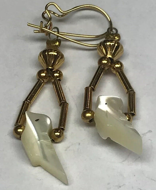 Vintage Gold Toned Mother Of Pearl Bird Drop Dangle Bead Earrings