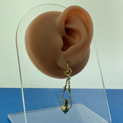 Vintage 14K Yellow Gold Open Scroll Urn Water Jug Balinese Dangle Drop Earrings