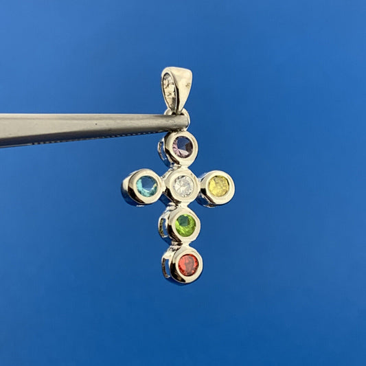 Stunning Sterling Silver 925 Multi-Color CZ Religious Faith Cross Dangle Pendant