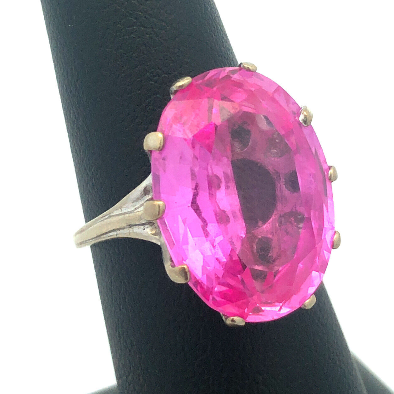 Designer 10k White Gold Oval Cut Hot Pink Sapphire Statement Cocktail Ring