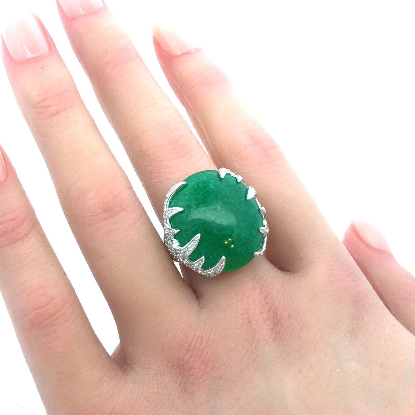 Designer SX 925 Sterling Silver Oval Chrysoprase Cubic Zirconia Statement Ring