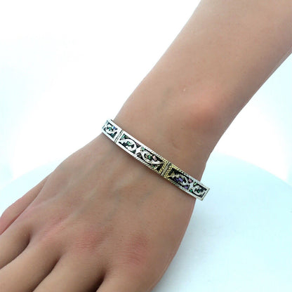 Vintage Taxco Mexico 925 Sterling Silver Abalone Inlay Textured Panel Bracelet