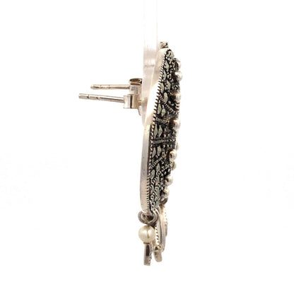 Designer A 925 Sterling Silver Marcasite Pearl Man In Moon Dangle Stud Earrings