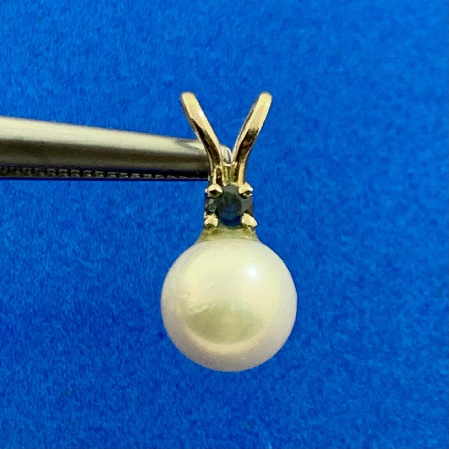 Designer 14K Yellow Gold Pearl Blue Sapphire Accent Drop Charm Pendant