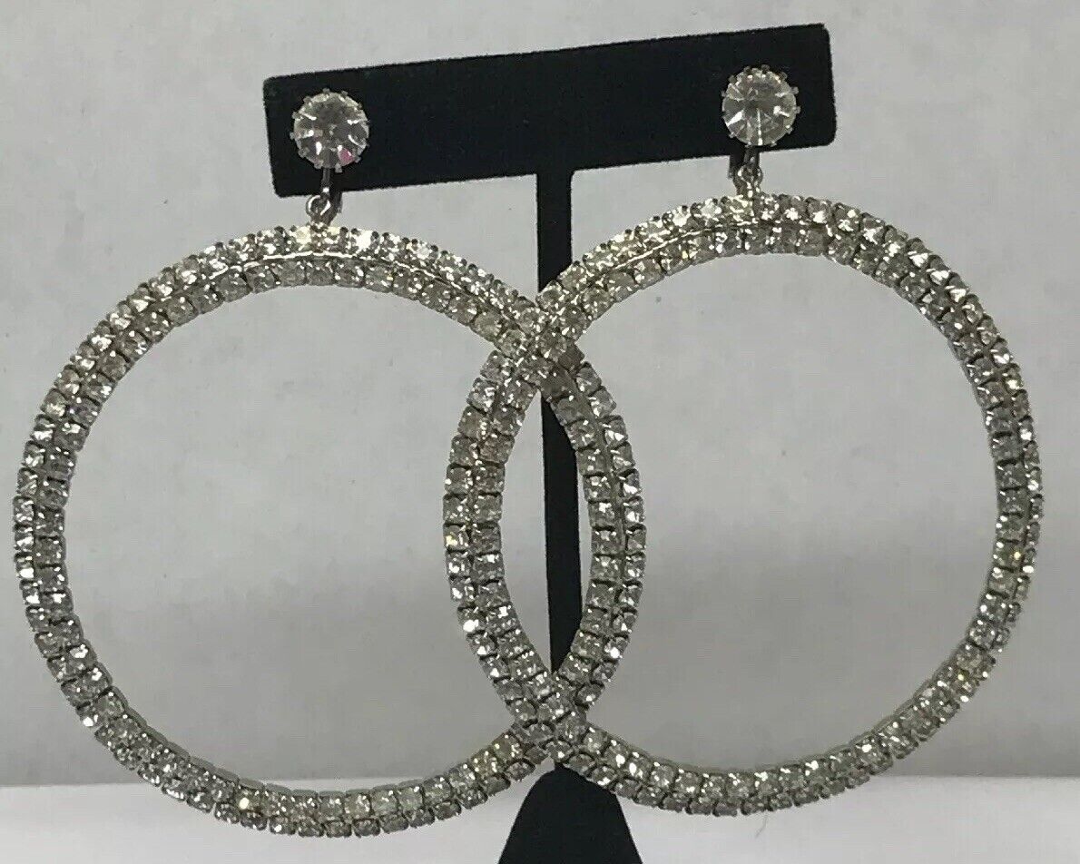 Haute Couture Runway Silver Tone Bezel Set Rhinestone Statement Hoop Earrings