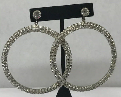 Haute Couture Runway Silver Tone Bezel Set Rhinestone Statement Hoop Earrings