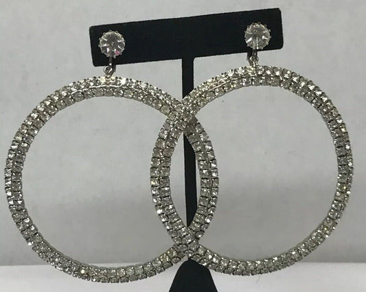 Haute Couture Runway Silver Tone Bezel Set Rhinestone Statement Hoop Earrings
